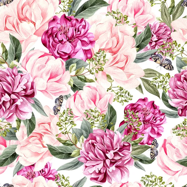Peony çiçek ve kelebek suluboya desen. 
