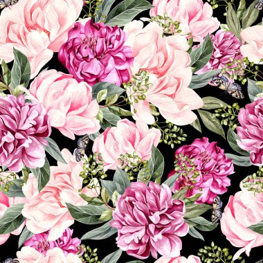 Peony çiçek ve kelebek suluboya desen. 
