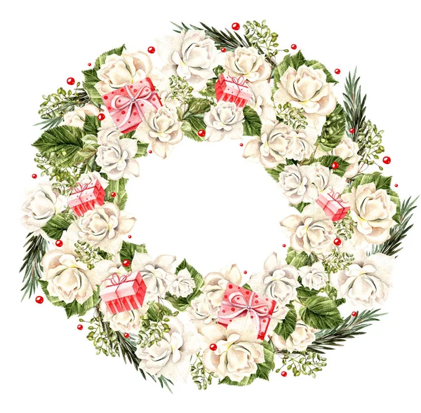Karácsonyi koszorú fehér rózsákkal és ajándékok, akvarell — Stock Fotó