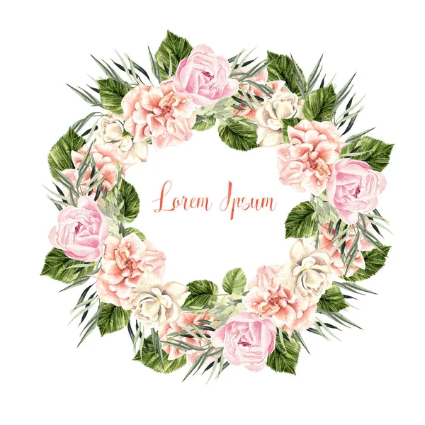 Beautiful Watercolor Wedding Wreath with roses and peony. — Stock Photo, Image