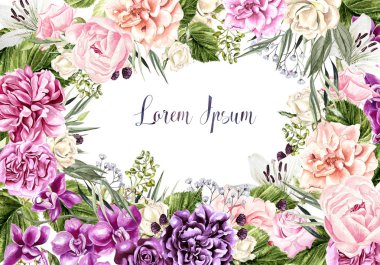 Güzel suluboya düğün kartı şakayık çiçekleri, güller ve orkide çiçek. 