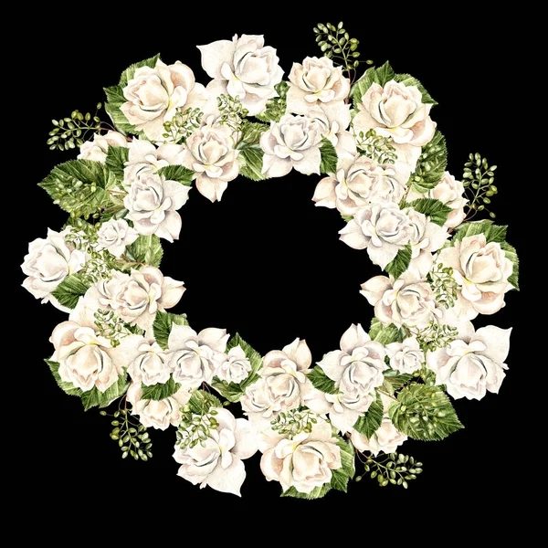 Όμορφο στεφάνι ακουαρέλα με τα άσπρα τριαντάφυλλα. — Φωτογραφία Αρχείου