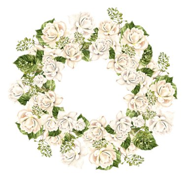 Güzel suluboya çelenk ile beyaz güller. 