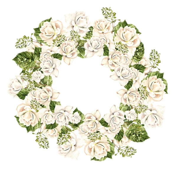 Güzel suluboya çelenk ile beyaz güller. 