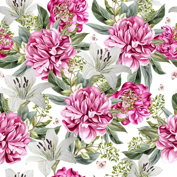Aquarel patroon met bloemen van de pioenroos en lily. — Stockfoto