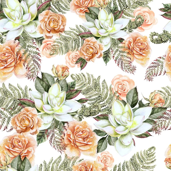 A bright watercolor pattern with flowers of a rose and  succulent. With leaves and fern. — Stock Photo, Image