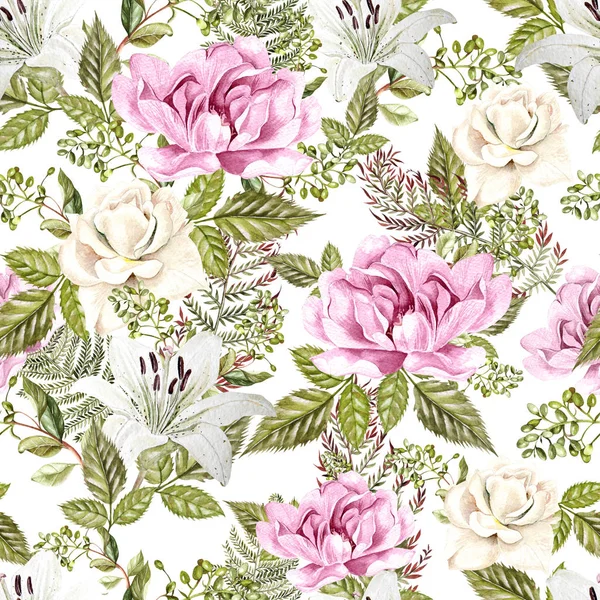 Een Heldere Aquarel Patroon Met Bloemen Van Een Roos Lily — Stockfoto
