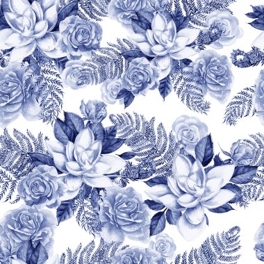 Rose ve etli çiçek parlak bir suluboya desenle. Yaprakları ve fern ile. 