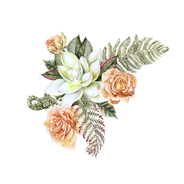 Un bellissimo bouquet acquerello con rosa e succulento. Con foglie e felce . — Foto Stock