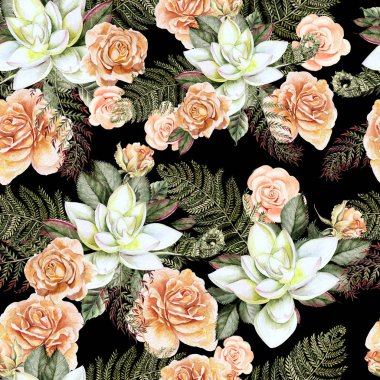 Rose ve etli çiçek parlak bir suluboya desenle. Yaprakları ve fern ile. 