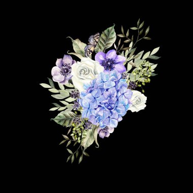 Anemon çiçeği, gül ve hudrangea çiçekler ile güzel bir suluboya buket. 