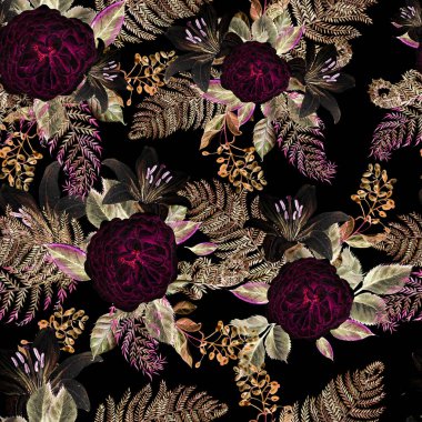 Rose ve lily çiçekli parlak suluboya desen. 