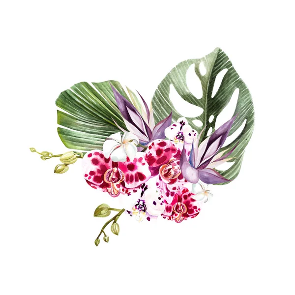 Ein wunderschöner Aquarellstrauß mit Blättern einer Palme, Blumen oder Orchideen. — Stockfoto