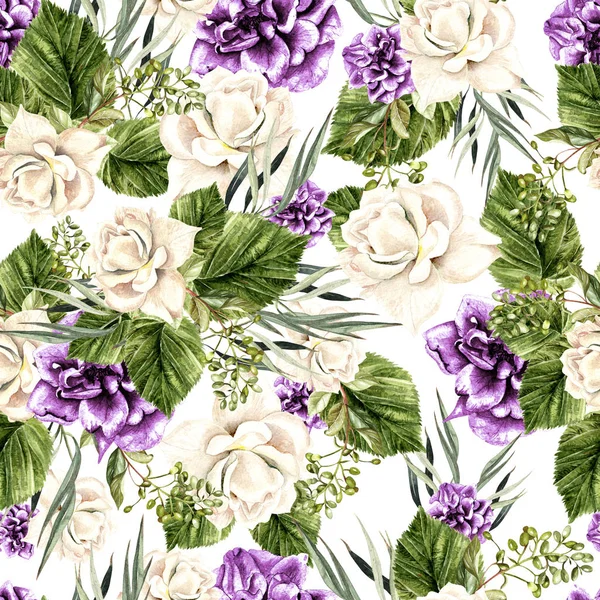Hermoso patrón de acuarela con rosas blancas y peonía púrpura . — Foto de Stock