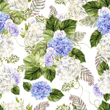 Gül ve hudrangea çiçekler güzel suluboya desen. 