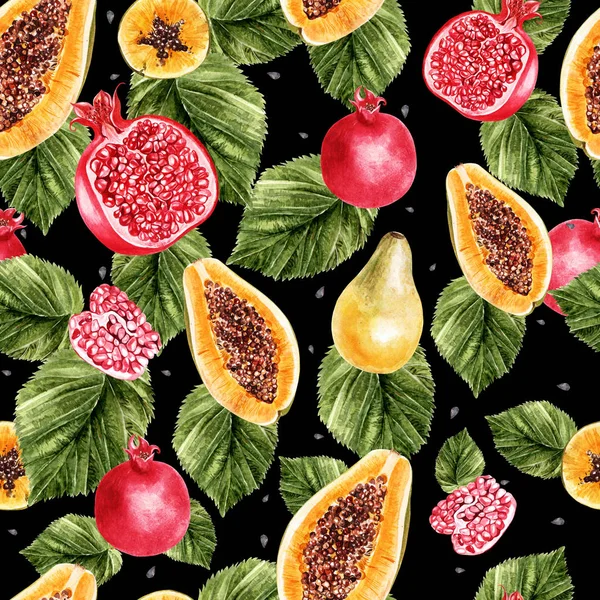 Beautiful watercolor pattern with pomegranates and papaya fruit. — Stock Photo, Image