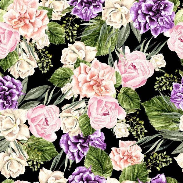 Prachtige aquarel patroon met witte rozen en roze pioen. — Stockfoto