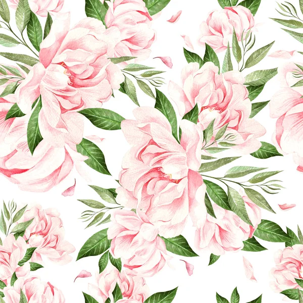 Gyönyörű akvarell minta rózsaszín bazsarózsa és eukaliptusz. — Stock Fotó