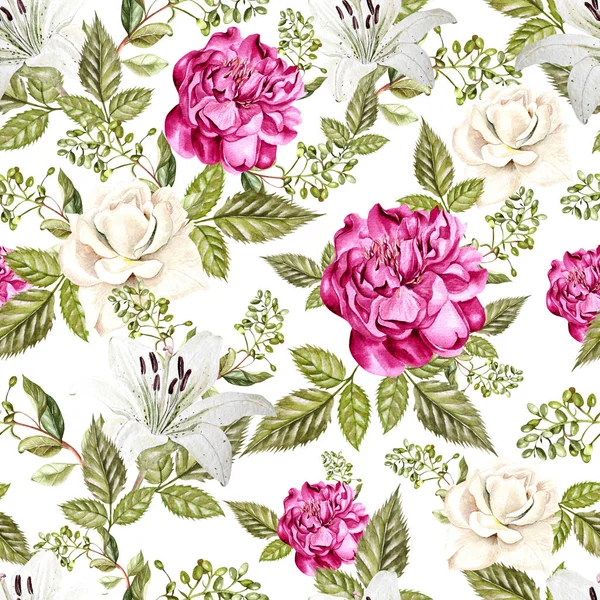 Bright watercolor pattern with flowers of a rose, lily and a peony. — Stock Photo, Image
