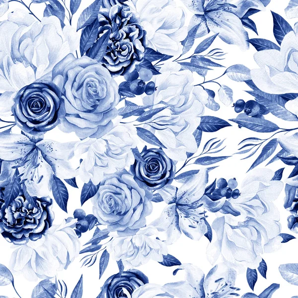 Şakayık, gül çiçek ve lily suluboya desen. 