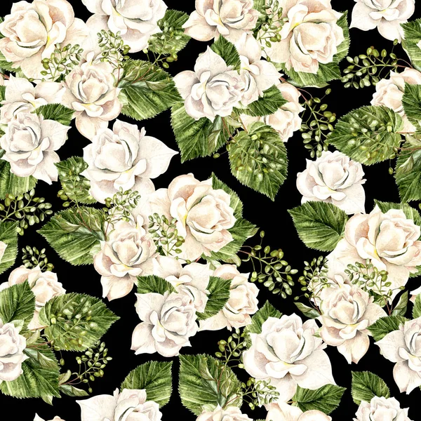 Beautiful  watercolor pattern with white roses and leaves. — Stock Photo, Image