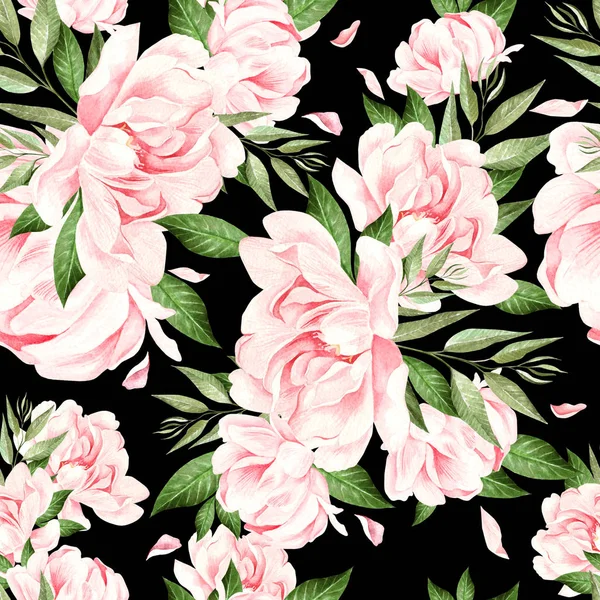Vacker akvarell mönster med rosa pion och eukalyptus. — Stockfoto
