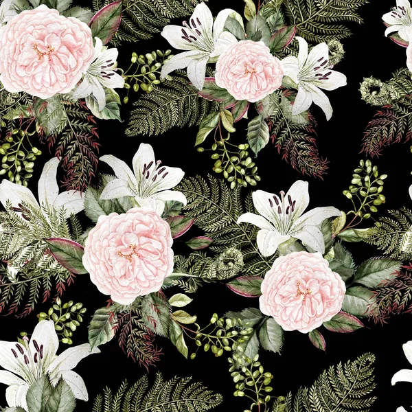 バラとユリの花と明るい水彩画パターン. — ストック写真