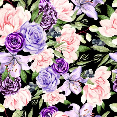 Şakayık, gül çiçek ve lily suluboya desen. 