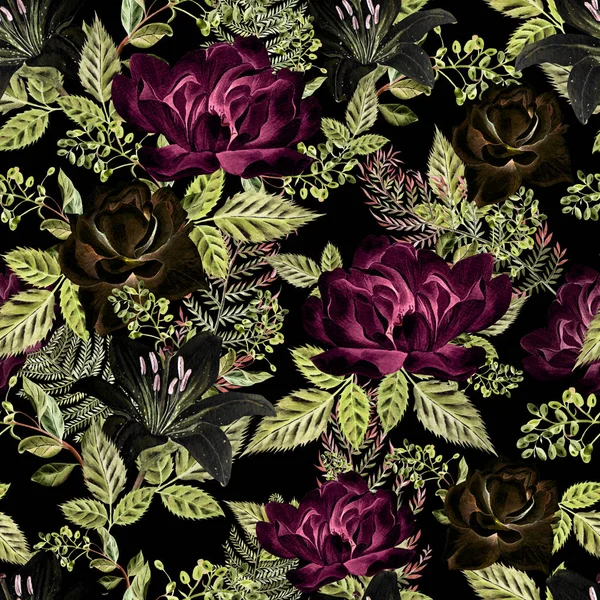 Ein helles Aquarellmuster mit Blüten einer Rose, Lilie und einer Pfingstrose. mit Blättern und Farn. — Stockfoto