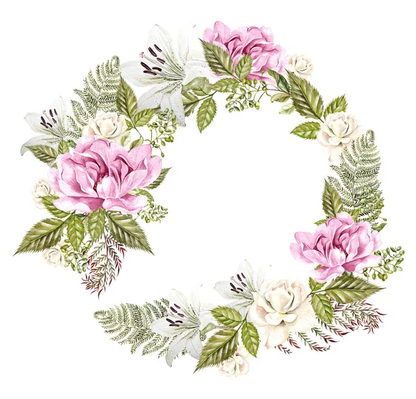 Gyönyörű akvarell esküvői koszorú Rózsa, liliom és a bazsarózsa virágok. — Stock Fotó