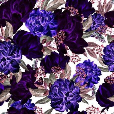 Peony çiçek ve kelebek suluboya desen. 