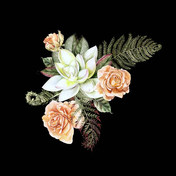 Egy gyönyörű akvarell csokor, rózsa és zamatos. Levelek és páfrány. — Stock Fotó