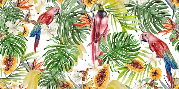オウムとストレチアとハイビスカスの花を持つ美しい水彩熱帯パターン。トロピカル フルーツのパパイヤとバナナ. — ストック写真