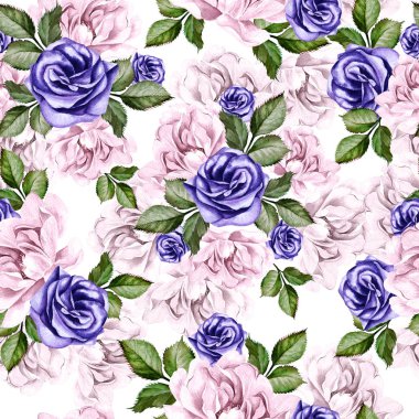 Şakayık çiçekleri ve anemon ile güzel suluboya desen.