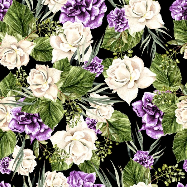 Wunderschönes Aquarellmuster mit weißen Rosen und lila Pfingstrose. — Stockfoto