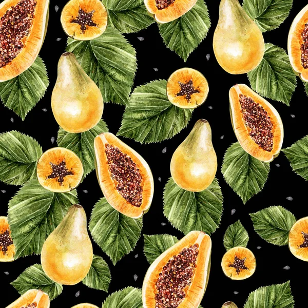 Beautiful watercolor pattern with pomegranates and papaya fruit. — Stock Photo, Image