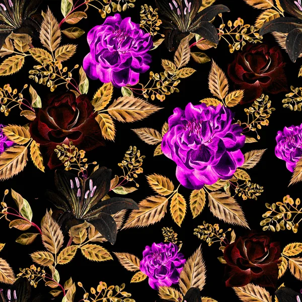 Helles Aquarellmuster mit Blüten einer Rose, Lilie und einer Pfingstrose. — Stockfoto