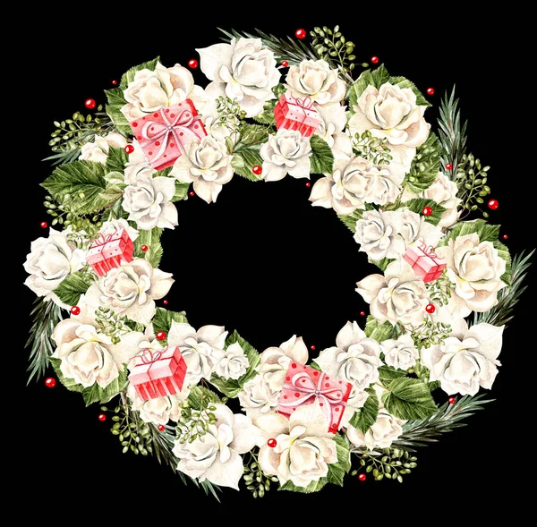Beyaz güller ve hediyeler, suluboya ile Noel çelenk. 