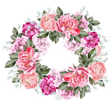 Şakayık çiçekleri ile suluboya düğün çelengi. 