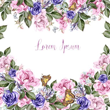 Şakayık çiçekleri ve anemon suluboya düğün kartı. 