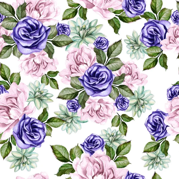 Beautiful watercolor pattern with peony flowers and succulents. — Stock Photo, Image