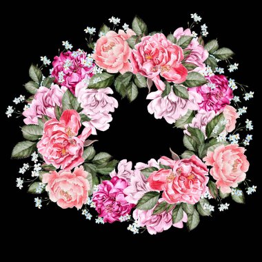 Şakayık çiçekleri ile suluboya düğün çelengi.