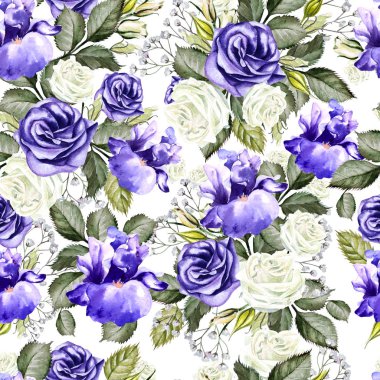 Gül, Iris ve Anemon parlak suluboya çiçek seamless modeli. 