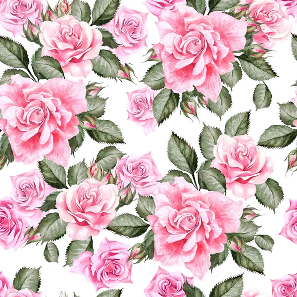 Watercolor pattern with roses  flowers and leaves  . — Stock Photo, Image