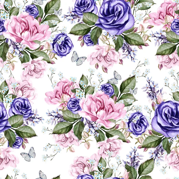 Gyönyörű akvarell minta bazsarózsa virágok, kökörcsin, Rózsa. — Stock Fotó