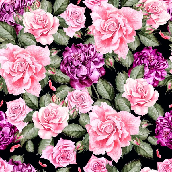 Ακουαρέλα μοτίβο με λουλούδια peony και τριαντάφυλλα . — Φωτογραφία Αρχείου