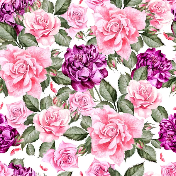 Modello acquerello con fiori di peonia e rose  . — Foto Stock