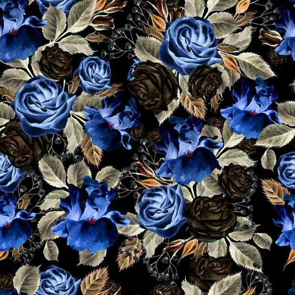 Bright watercolor flowers seamless pattern with roses, iris and anemones. 