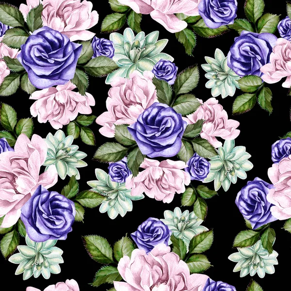 Şakayık çiçekleri ve succulents güzel suluboya desen. 