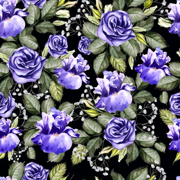 Luminosi fiori ad acquerello modello senza soluzione di continuità con iris e anemoni . — Foto Stock